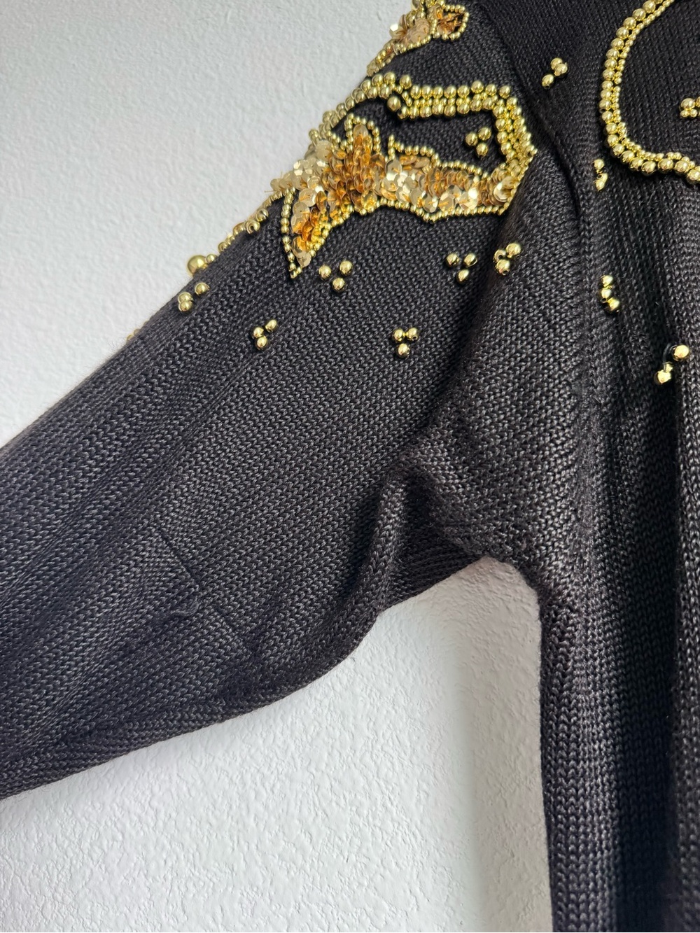 Diane Freis Black Sweater with Gold Sequin Floral Embellishment - Picture 2 of 9